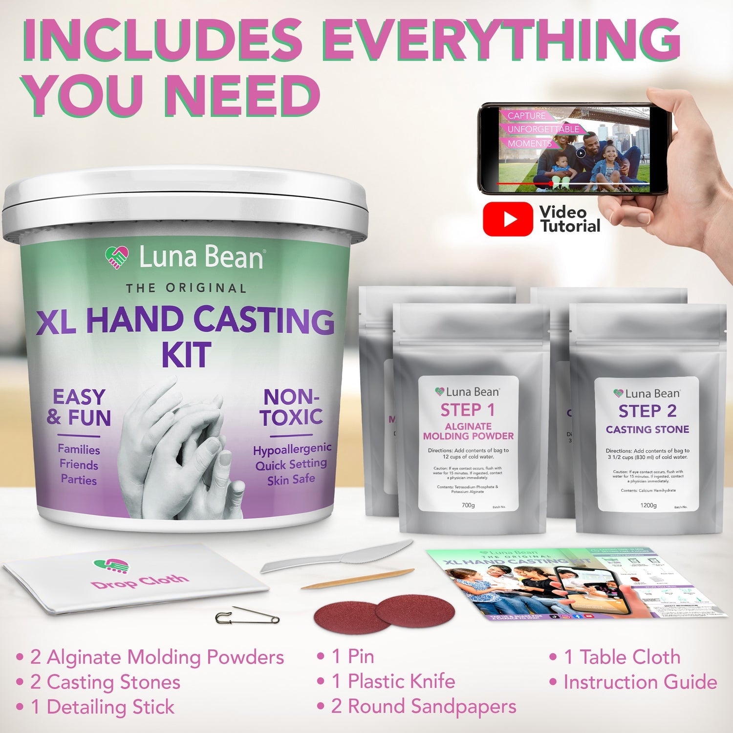 Luna Bean Luna Bean XL Family Hand Casting Kit – Perfect Gift and Activity for Couples, Families, & Friends