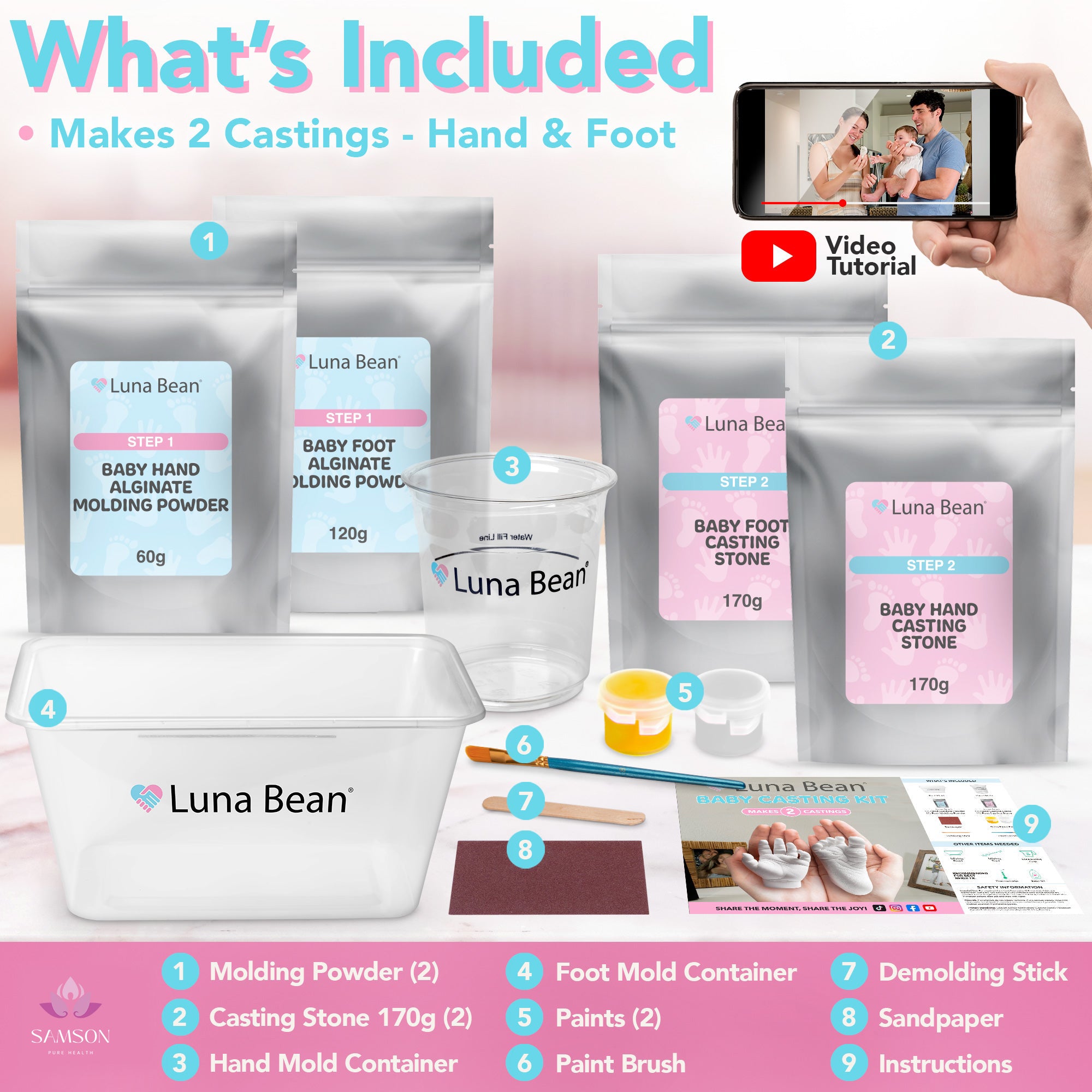 Luna Bean Baby Footprint and Hand Casting Kit (2 Pack) Personalized Baby Gifts for New Mom - Infant Newborn Foot Handprint Keepsake Mom to Be Gift